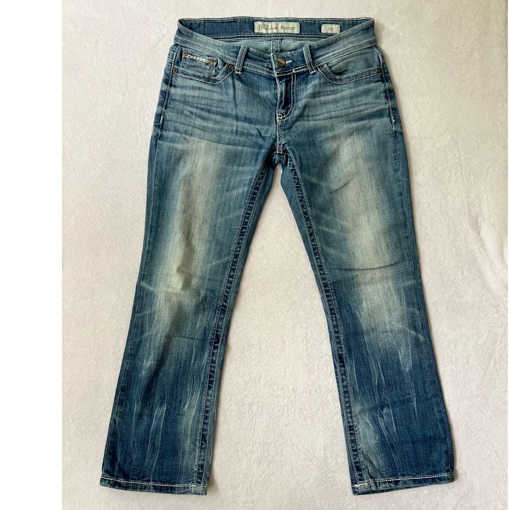 BKE Payton Crop Jeans Medium Wash Whiskered Distressed Size 26